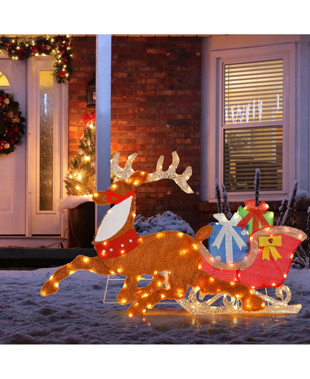 Lighted 2D Christmas Reindeer and Sleigh Decoration Pre-Lit Glittered Decoration