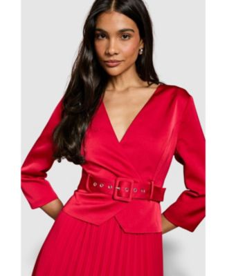 Women's Satin Bodice Pleat Skirt Midi Dress.