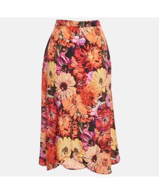 Women's Multicolor Flower Print Silk Midi Skirt