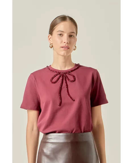 Petite Beaded Bow T-Shirt - Burgundy