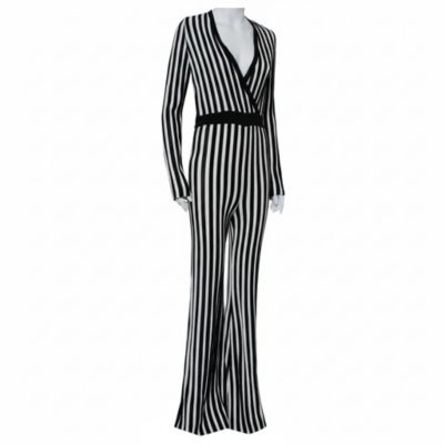 Women's Monochrome Striped Knit Faux Wrap Jumpsuit