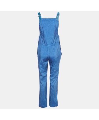 Women's Warm Royal Blue Synthetic Leather Trim Dungarees
