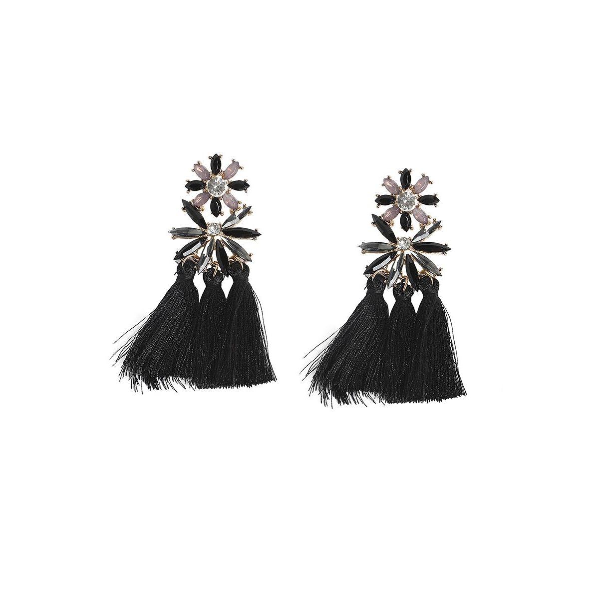 Sohi Crystal Tassel Drop Earrings - Black