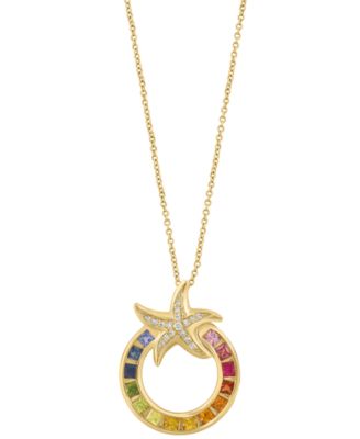 Diamond (1/20 ct. t.w.) and Multi Gemstones (1/2 ct. t.w.) Pendant Necklace in 14k Yellow Gold