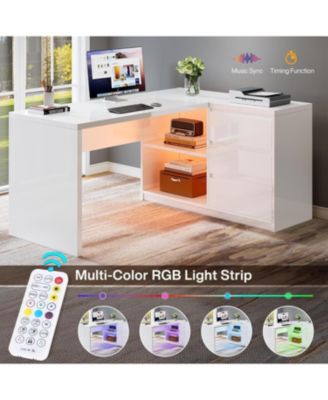 White L-Shaped Computer Desk with 3 Drawers, 55-Inch Modern Gloss Corner Home Office Executive Desk