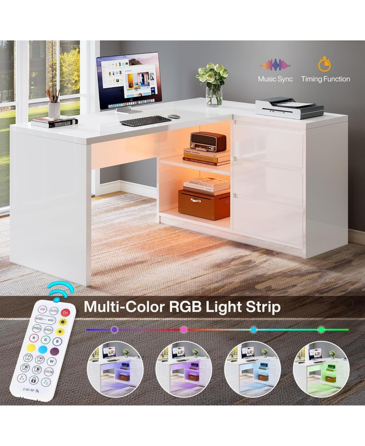 Tribesigns White L-Shaped Computer Desk with 3 Drawers, 55-Inch Modern Gloss Corner Home Office Executive Desk