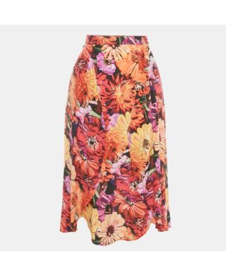 Women's Multicolor Floral Print Silk Wrap Style Midi Skirt