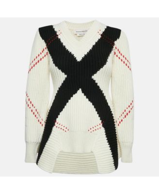 Women's White Argyle Intarsia Rib Knit Sweater