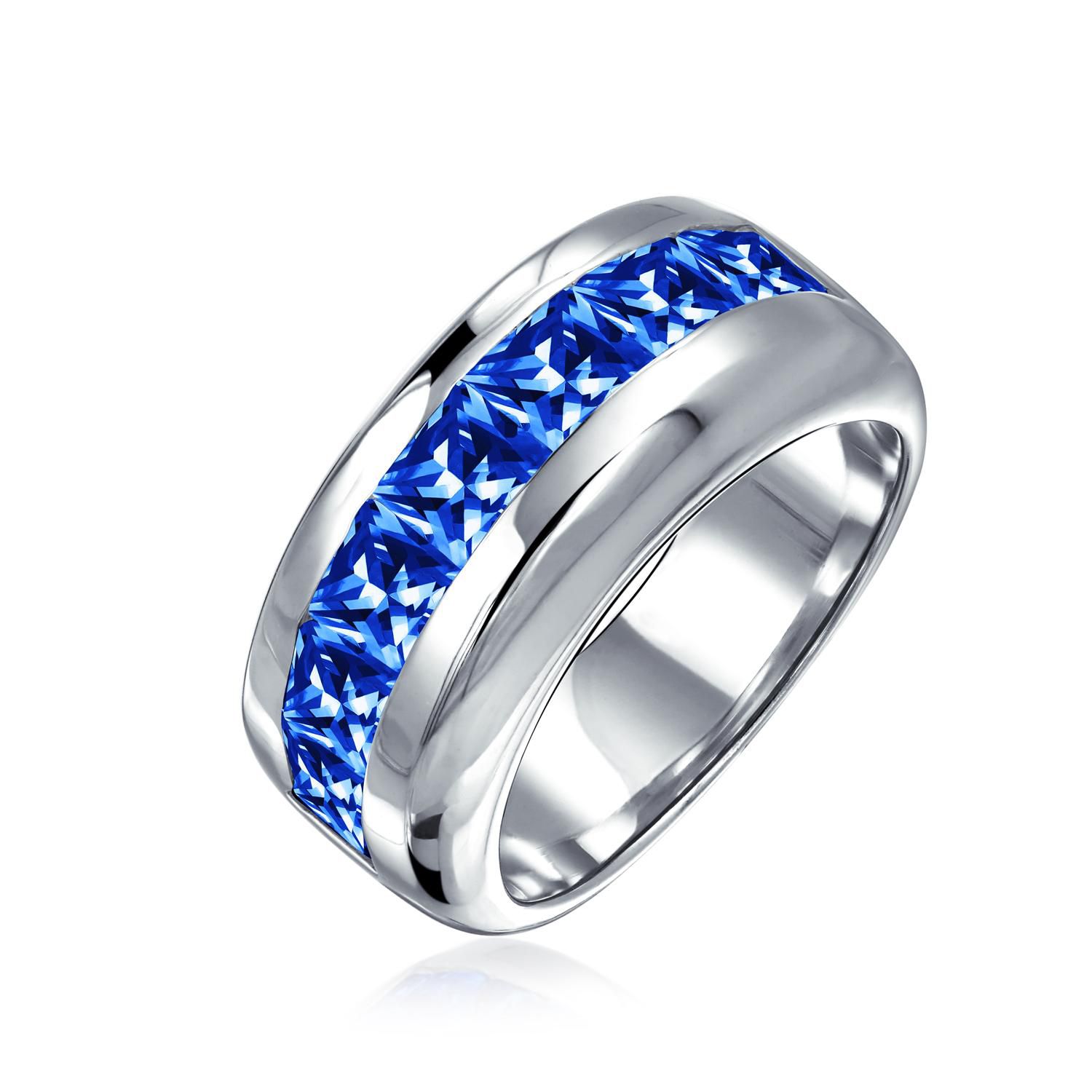 Channel Set Sapphire Blue CZ Cubic Zirconia Square Invisible Cut Wedding Band Ring Sterling Silver 9MM
