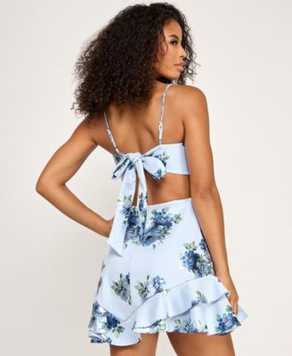 Juniors' Spaghetti Straps Tie Back Ruffle Hem Mini Dress