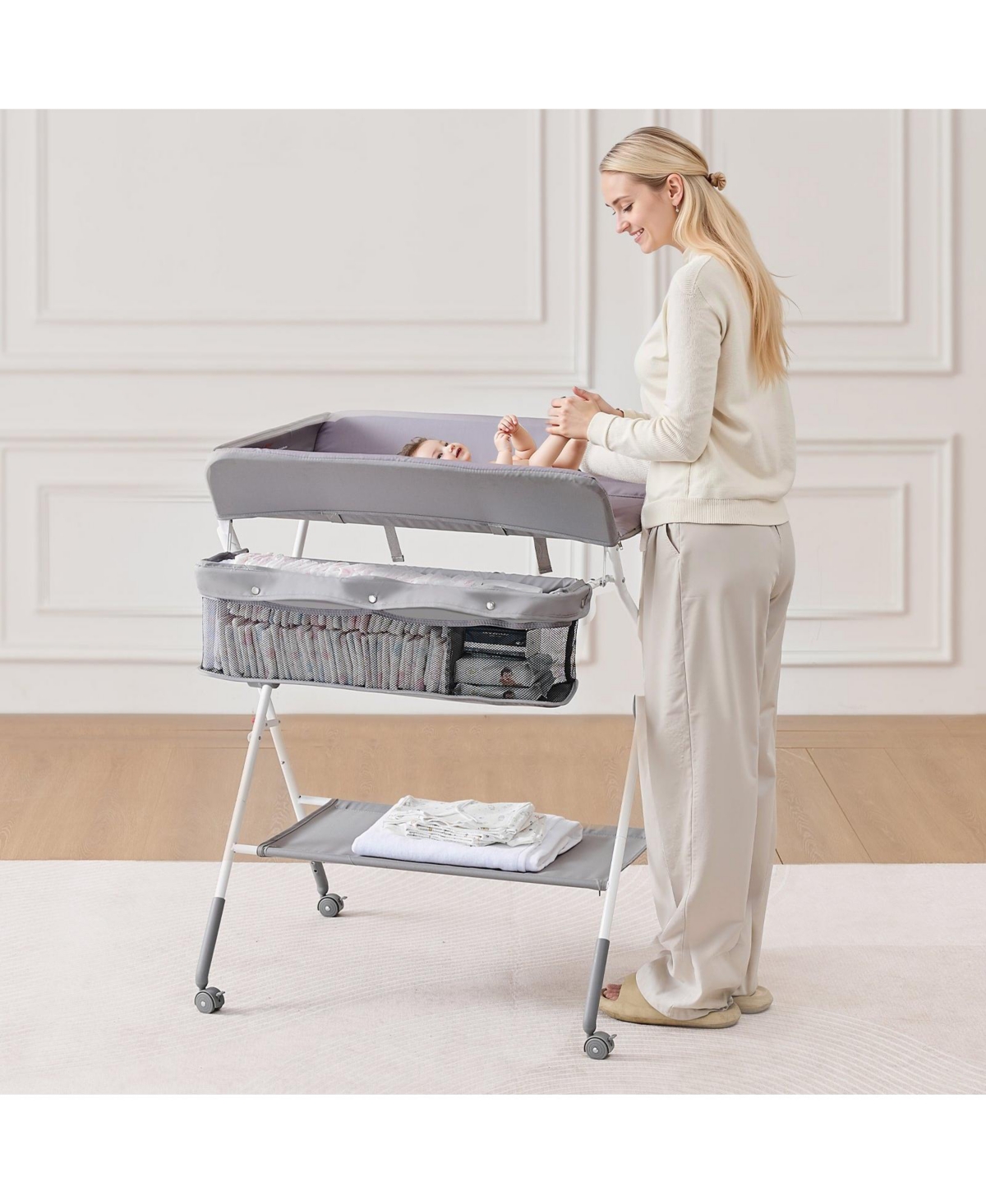 Slickblue Foldable Baby Changing Table with Wheels and Side Basket
