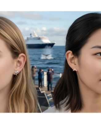 Set of 2 Ocean-Inspired Rose Gold Mermaid Fin Whale Tail & Silver Shark Tooth Stud Earrings Sterling Silver