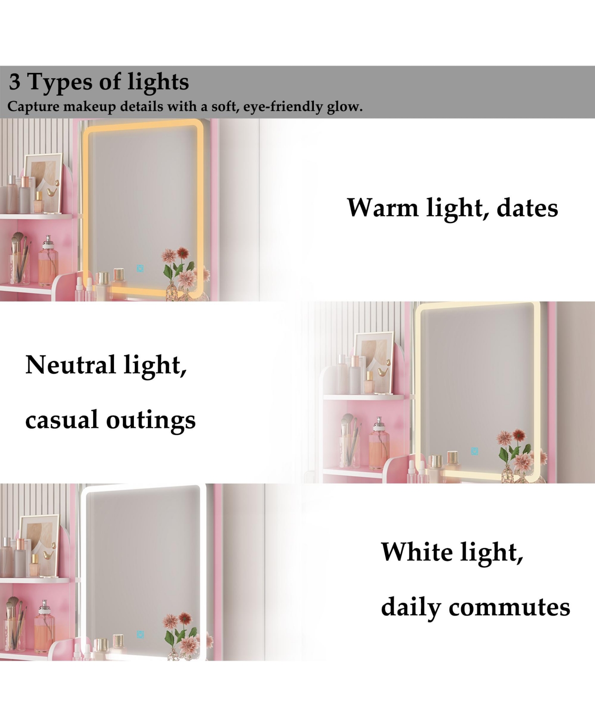 Homsee 5-Drawers Pink Makeup Vanity Sets Dressing Table with Stool, Mirror, Led Light and 3-Tier Storage Shelves