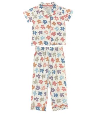 3-Piece Pajama Set with Short Sleeve Notch Collar Top, Elastic Waistband Pants, and Shorts Bonus Scrunchie, Flower Power, 7/8