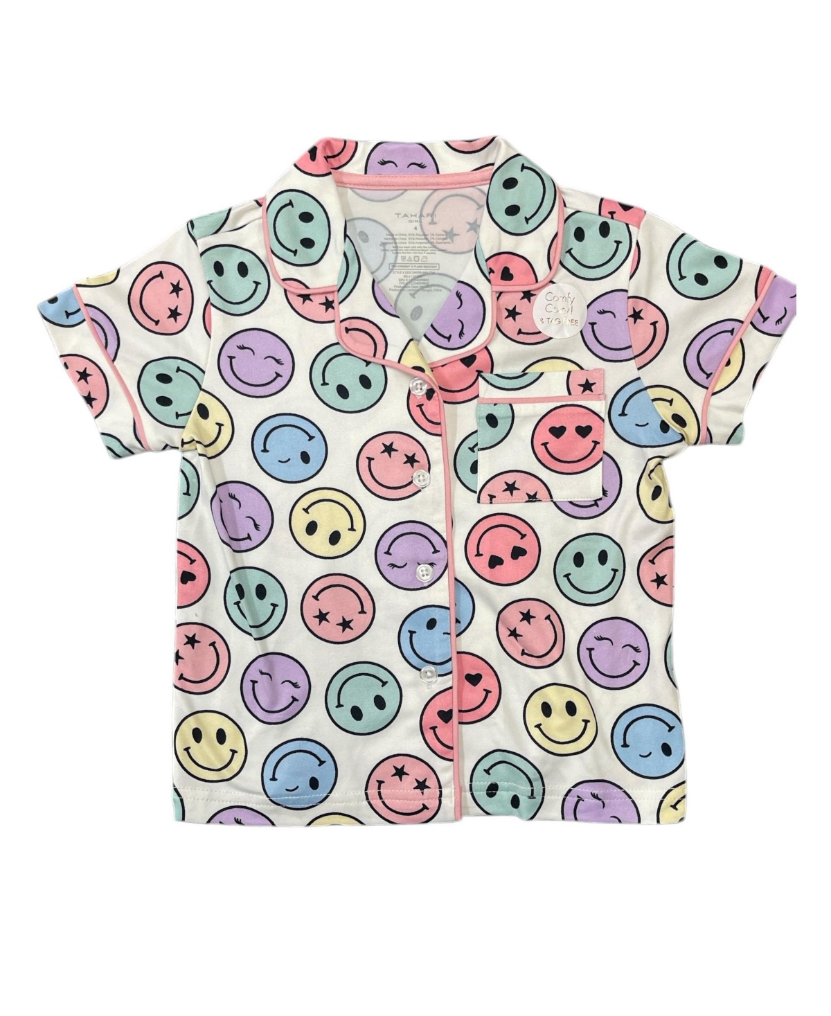 Tahari Girls 3-Piece Pajama Set with Short Sleeve Notch Collar Top, Elastic Waistband Pants, and Shorts Scrunchie