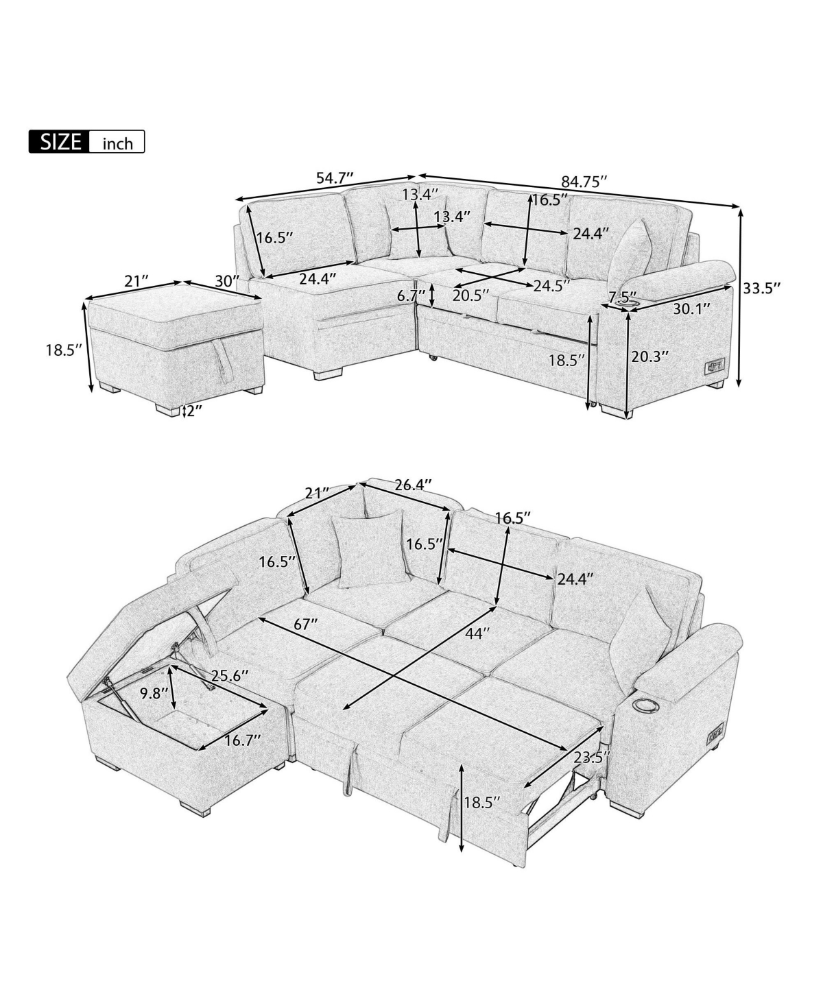 Boyel Living 84.75" Sleeper sofa Bed,2 1 Pull Out bed L Shape Couch with Storage Ottoman for Room,Bedroom and Small Apartment