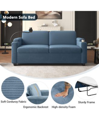 72.8" Corduroy Sleeper Sofa Loveseat Sofa with Full Size Mattress, Two USB Ports, Two Cup Holders, Two Side Pockets and a Phone Holder