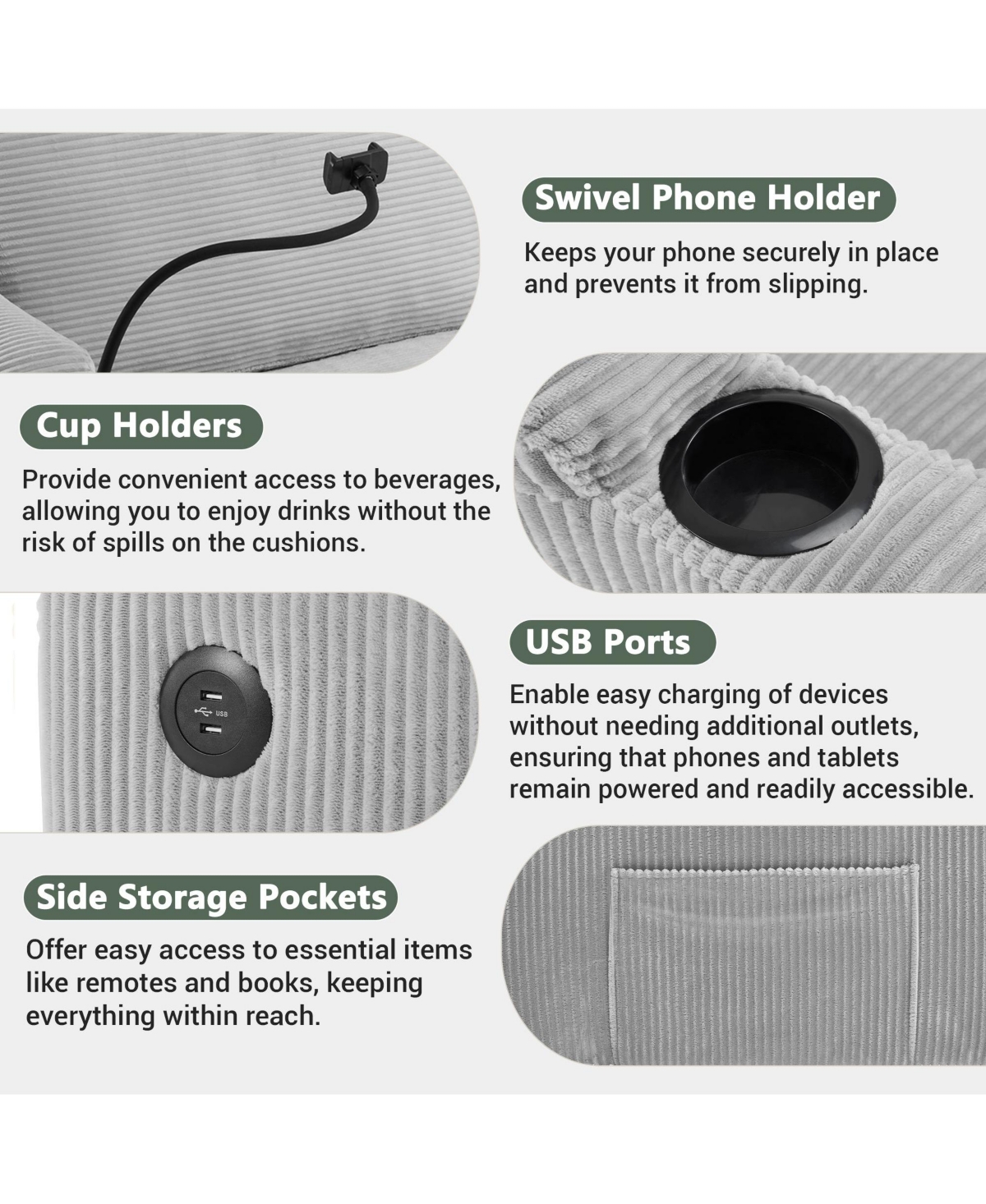 Boyel Living 72.8" Corduroy Sleeper Sofa Loveseat with Full Mattress, Two Usb Ports, Cup Holders, Side Pockets and a Phone Holder