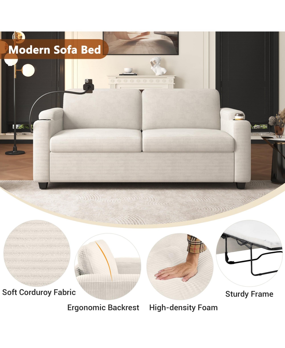 Boyel Living 72.8" Corduroy Sleeper Sofa Loveseat with Full Mattress, Two Usb Ports, Cup Holders, Side Pockets and a Phone Holder