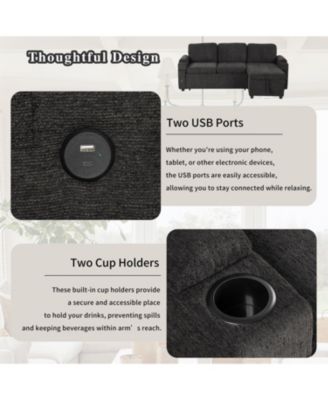 83.5" L-shaped Sofa Couch Convertible Sofa Bed Sectional Sofa with Ample Storage Space, Two Cup Holders and Two USB Ports for Living Room