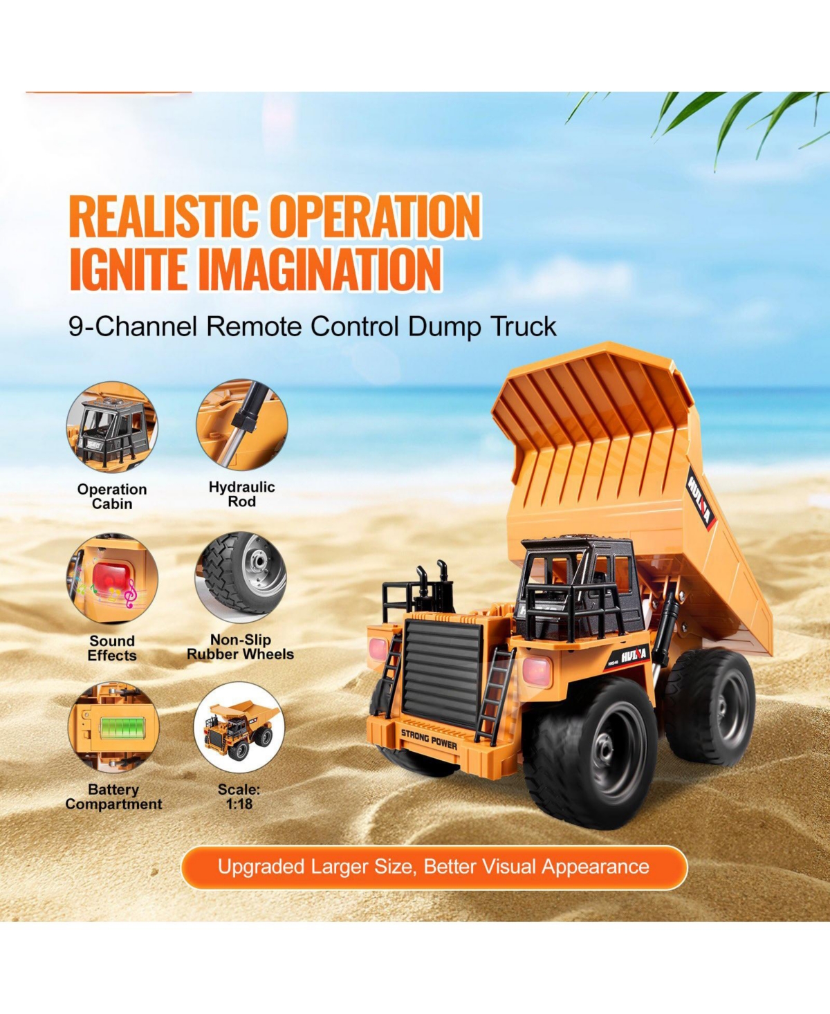 Mecale Rc Dump Truck Toy, 9-Channel 1:18 Scale Remote Control Construction Truck with Metal Cabin, Lights & 2 Batteries