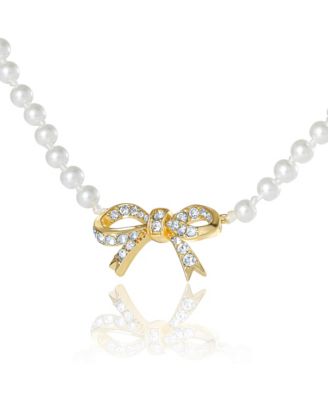 Pave Bow, Gold Tone Accents Pearl Necklace