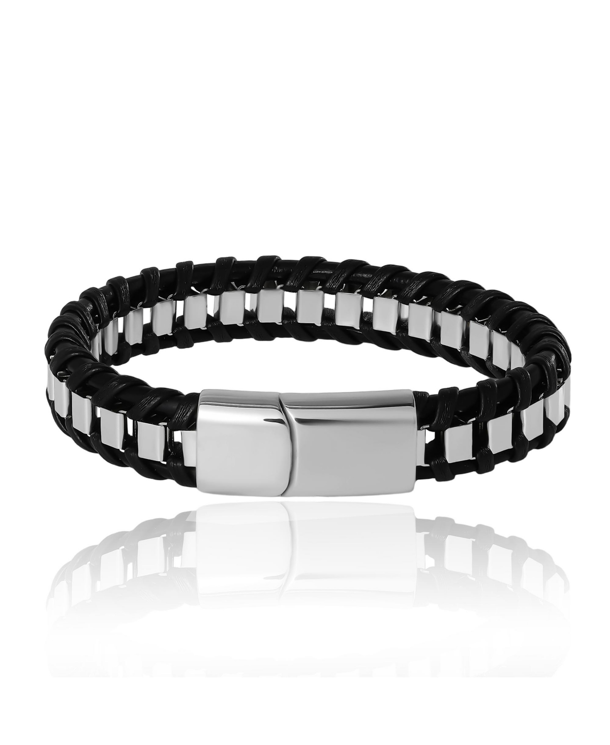 Lucky Brand Men s Woven Leather & Stainless Link Bracelet, Magnetic Clasp - 8.5''