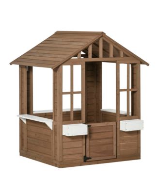 Outsunny wooden playhouse with door & windows, flowerpot holders, 46"x38", outdoor cottage for kids ages 3–8.