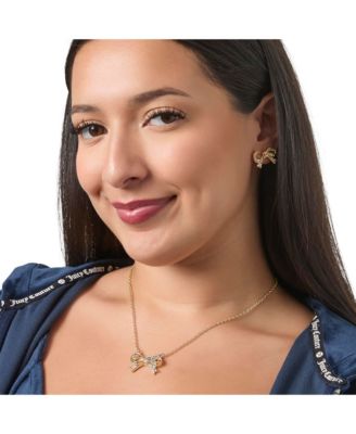 Pav&eacute; Bow Necklace & Stud Earring Set, Gold-Tone