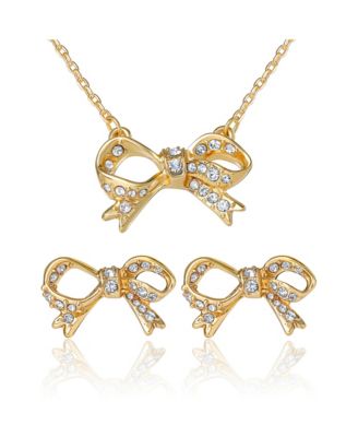 Pav&eacute; Bow Necklace & Stud Earring Set, Gold-Tone
