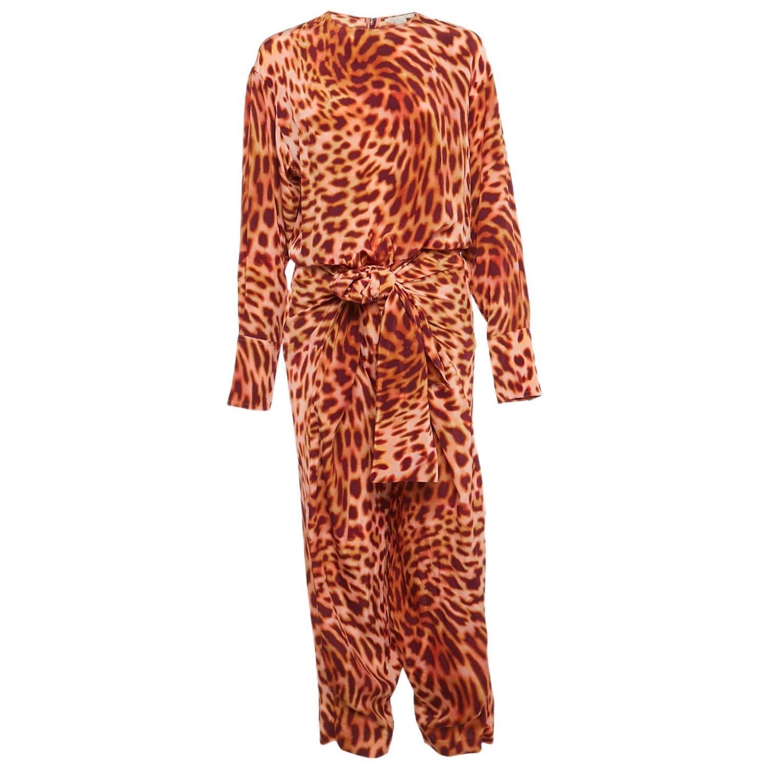 Women's Brown Leopard Print Silk Tie-Up Jumpsuit