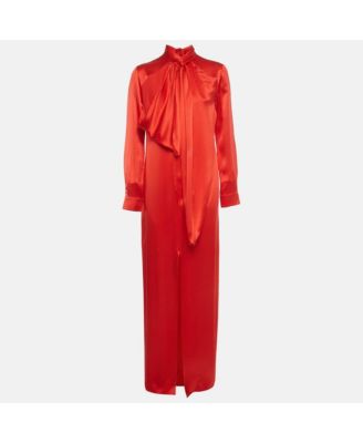 Women's Red Silk Neck Drape Detail Maxi Dress