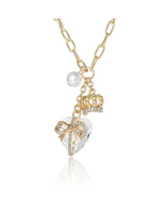 Charm Cluster Necklace, Gold Tone with Heart & Pearl Accents