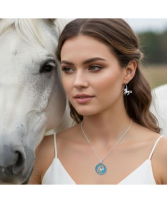 Large Round Pegasus Celestial Unicorn Medallion Pendant Necklace & Dangle Earring Jewelry Set Oxidized Sterling Silver