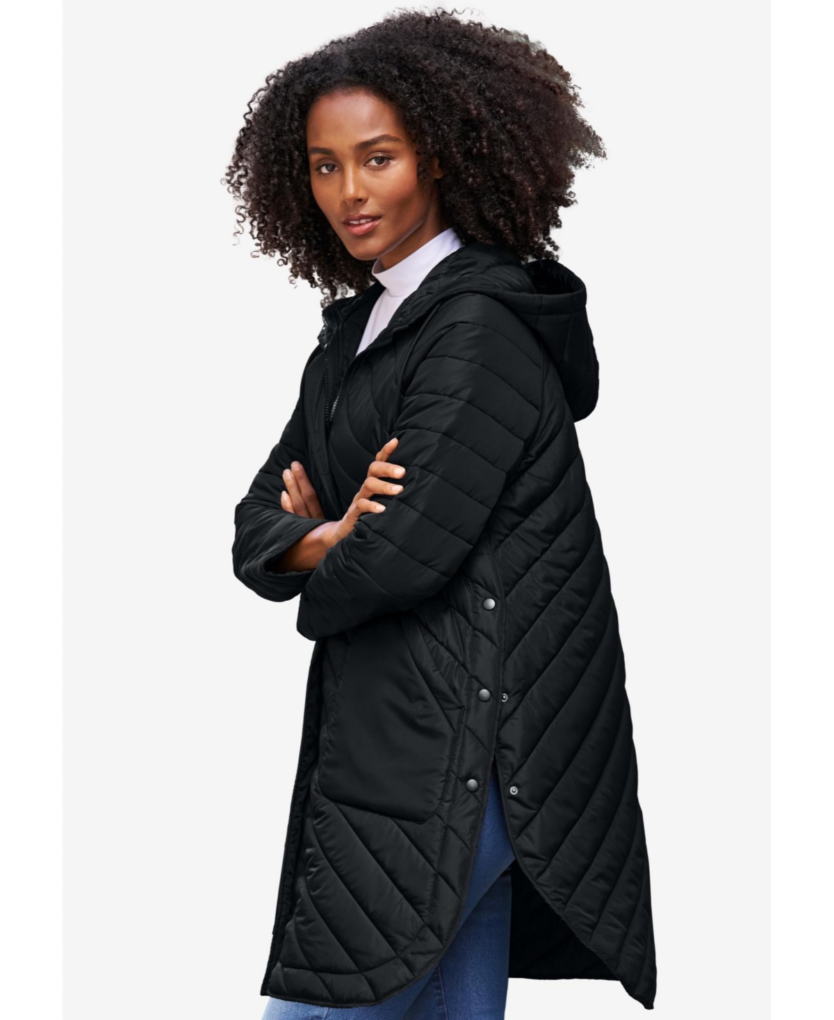 ellos Women's Quilted Jacket With Curved Bottom & Side Snaps