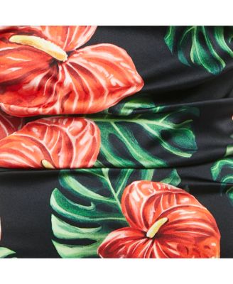 Women's Black/red Anthurium Print Satin Ruched Top