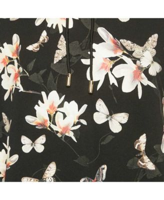 Women's Black Floral Print Cotton Sleeveless Hoodie