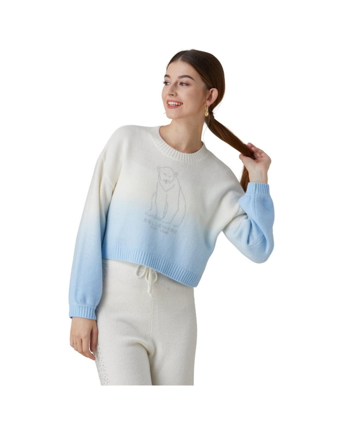 Bellemere New York Women's Polar Bear Cropped Cashmere Sweater (With Crystal Touch)
