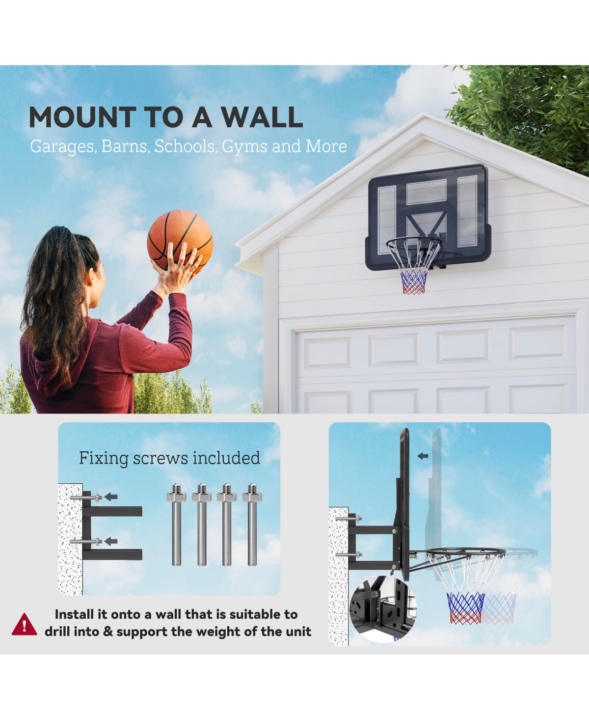 Soozier Wall Mounted Basketball Hoop with 43" Shatter Resist Backboard