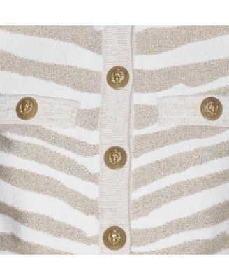 Women's Metallic Beige Zebra Detail Stretch Knit Cardigan