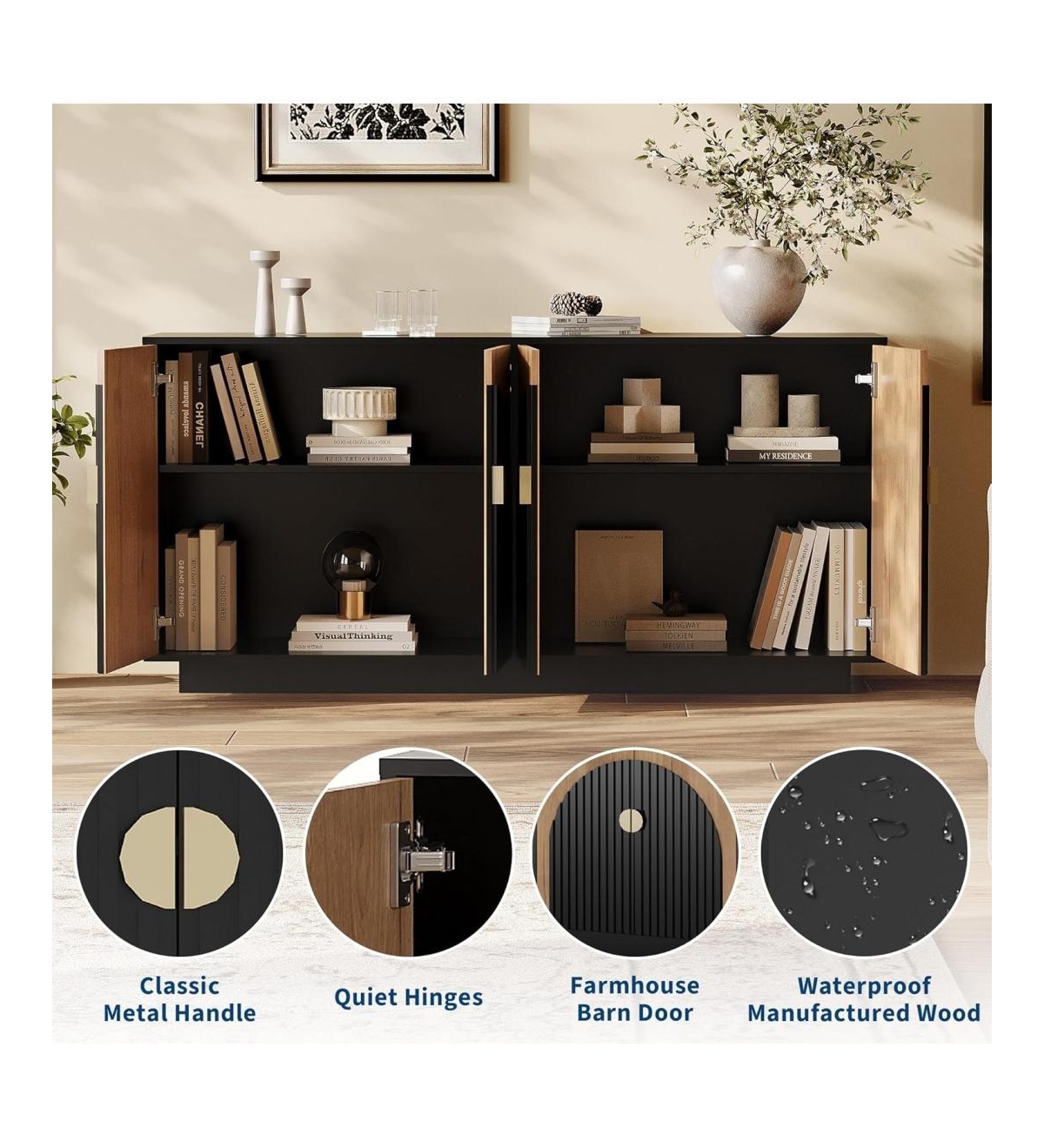 Gaomon 63in Large Sideboard Buffet Cabinet with Storage, Kitchen Fluted Coffee Bar Wine Bar Console Table with Gold Metal Handles