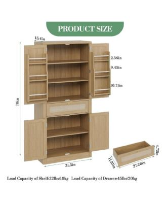 70inch Tall Kitchen Pantry Cabine, Rattan Doors Freestanding Cupboard Storage Cabinet with Drawer and Adjustable Shelves
