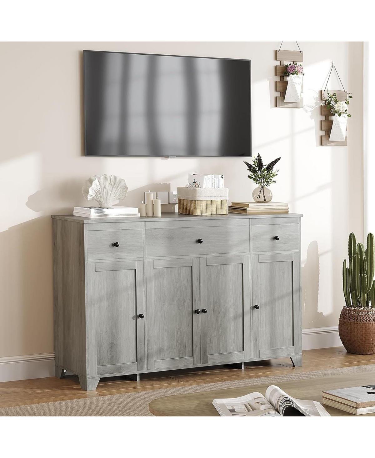 gaomon Sideboard Buffet Cabinet, 55in Large Modern Kitchen Coffee Bar Cupboard Cabinet with 4 Doors 3 Drawers Adjustable Shelves Wood