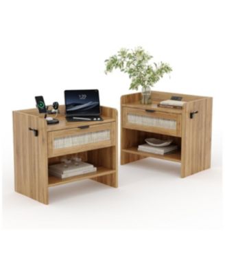 Rattan Nightstand Set of 2, Bedside Table with Type-C Charging Station - 1 Drawer & Open Storage Space, Boho End Table Side Table.