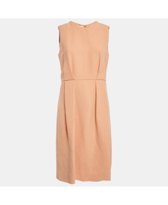 Women's Orange Crepe Pleated Sleeveless Short Dress