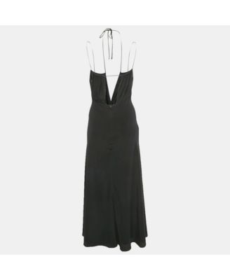Women's Black Silk Gathered Halter Neck Maxi Dress