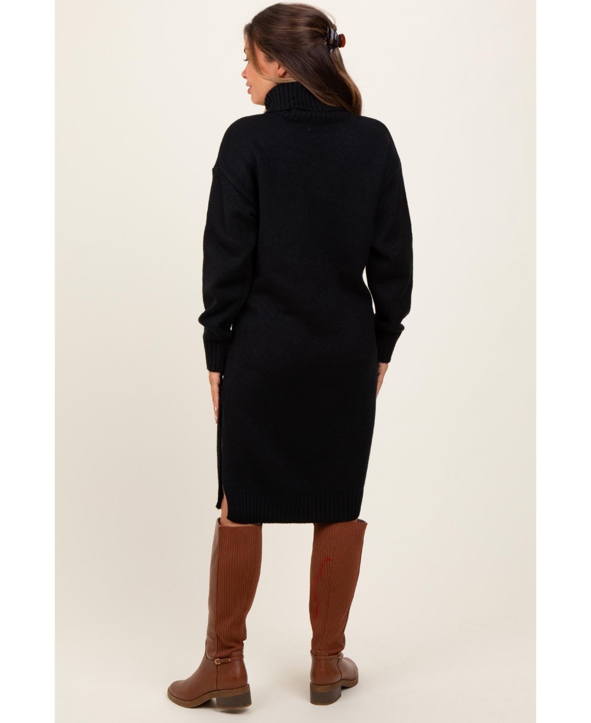 Pinkblush Maternity Camel Turtleneck Side Slit Midi Sweater Dress