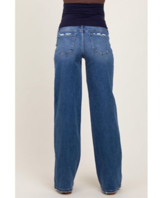 Maternity Blue Lightly Distressed Wide Leg Jeans