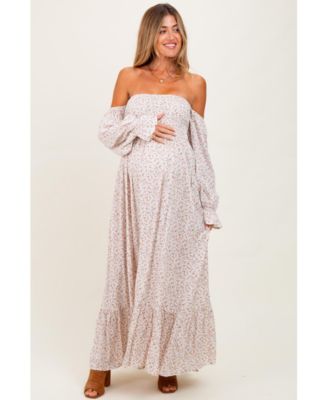 Maternity Cream Floral Smocked Off Shoulder Maxi Dress