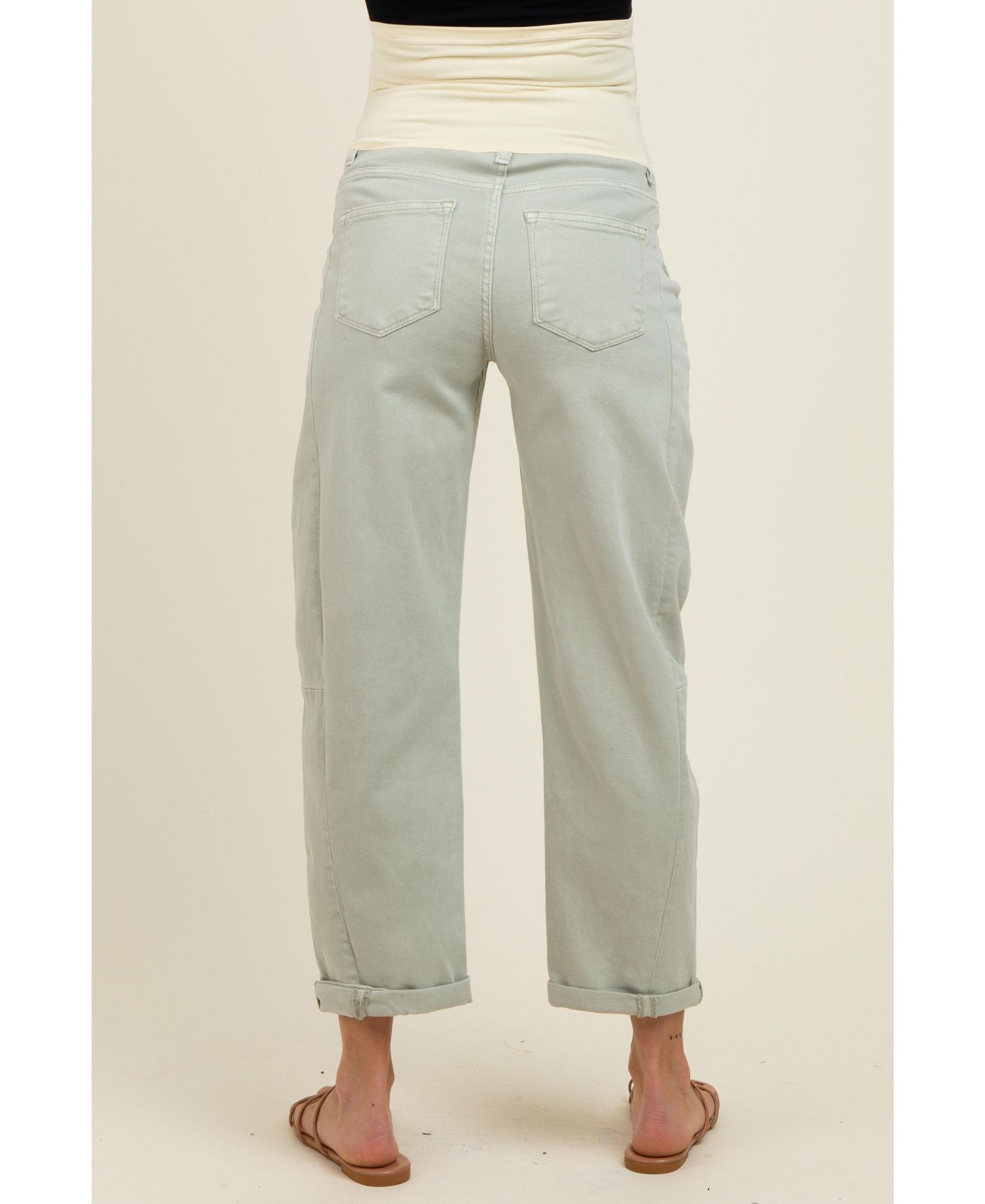 Women's Light Olive Rolled Cuff Barrel Leg Jeans